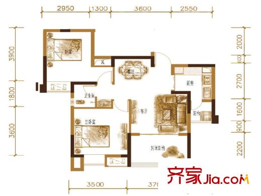 復(fù)地新城就戶型圖7期77、78號樓標(biāo)準(zhǔn)層A戶型 2室2廳1衛(wèi)1廚