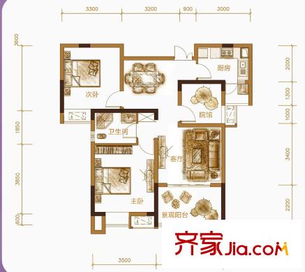 復(fù)地新城就戶型圖6期71/72號(hào)樓MINI A戶型(標(biāo)準(zhǔn)層) 3室2廳1衛(wèi)1廚
