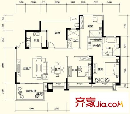 富洲新城戶(hù)型圖1期3號(hào)樓標(biāo)準(zhǔn)層D4戶(hù)型 3室2廳2衛(wèi)1廚