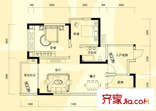 富洲新城戶(hù)型圖一期4號(hào)樓標(biāo)準(zhǔn)層A3戶(hù)型（已售完） 2室2廳1衛(wèi)1廚