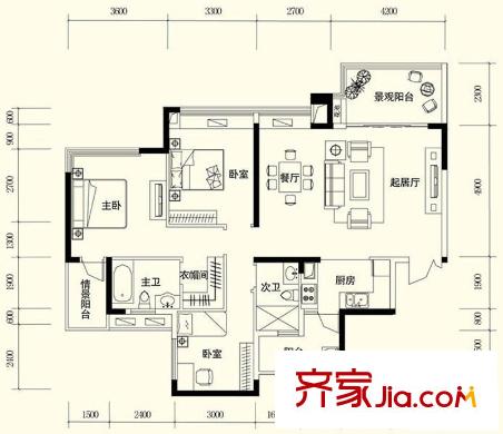 富洲新城戶(hù)型圖1期3號(hào)樓標(biāo)準(zhǔn)層D1戶(hù)型 3室2廳2衛(wèi)1廚