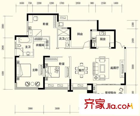 富洲新城戶(hù)型圖1期3號(hào)樓標(biāo)準(zhǔn)層D3戶(hù)型 3室2廳2衛(wèi)1廚