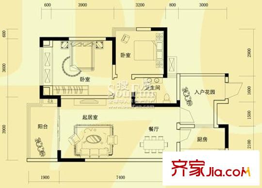 富洲新城戶型圖1期5號(hào)樓標(biāo)準(zhǔn)層A3戶型（已售完） 2室2廳1衛(wèi)1廚