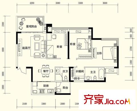 富洲新城戶(hù)型圖1期3號(hào)樓標(biāo)準(zhǔn)層D2戶(hù)型 3室2廳2衛(wèi)1廚