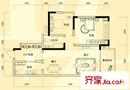 富洲新城戶型圖一期4號樓標(biāo)準(zhǔn)層A2戶型（已售完） 2室2廳1衛(wèi)1廚