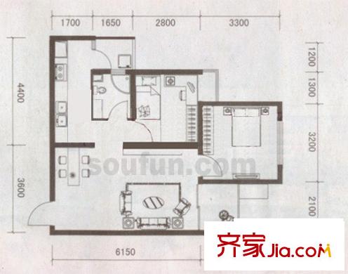 龍湖觀山水戶型圖B1-1 2室2廳1衛(wèi)1廚