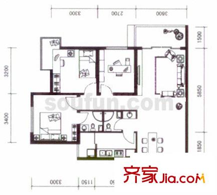 龍湖觀山水戶型圖c-1 3室2廳2衛(wèi)1廚