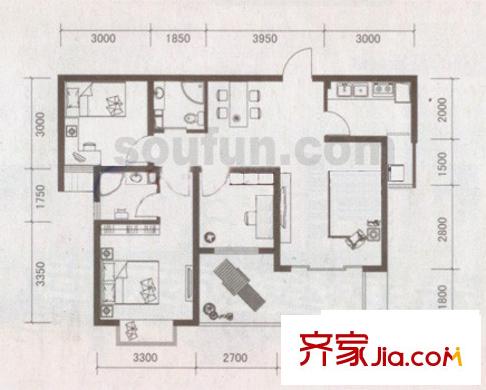 龍湖觀山水戶型圖c-2 3室2廳2衛(wèi)1廚