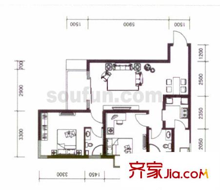 龍湖觀山水戶型圖B3-1 2室2廳1衛(wèi)1廚