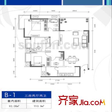 天鄰風(fēng)景戶型圖B-1型 3室2廳2衛(wèi)1廚