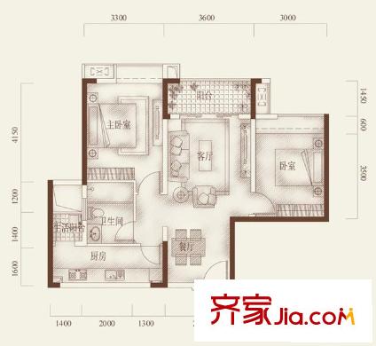 半山華府戶型圖一期4-6號樓標準層A戶型 2室2廳1衛(wèi)1廚