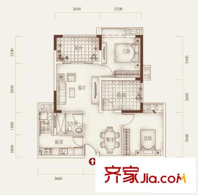 半山華府戶型圖一期4-6號樓標準層C戶型 2室2廳1衛(wèi)1廚