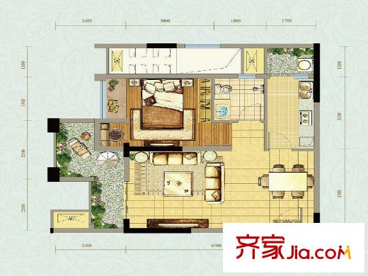 北大資源燕南一期1號(hào)樓標(biāo)準(zhǔn)層A3戶型 1室2廳1衛(wèi)1廚