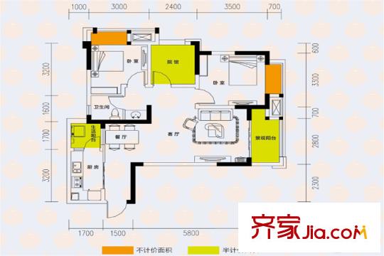 綠地海外灘四期高層1/2幢標(biāo)準(zhǔn)層B戶(hù)型 2室2廳1衛(wèi)1廚