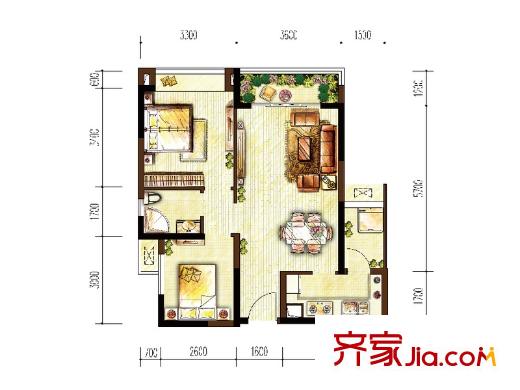 翡翠明珠二期11-16號(hào)樓標(biāo)準(zhǔn)層C戶型 2室2廳1衛(wèi)1廚