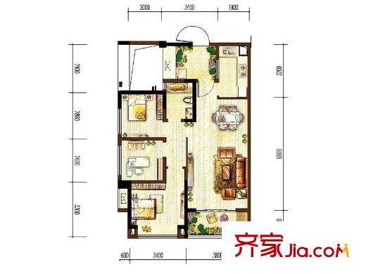 翡翠明珠二期11-16號樓標準層E戶型 3室2廳1衛(wèi)1廚