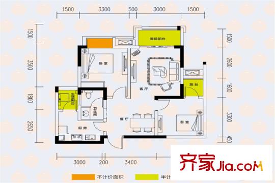綠地海外灘四期高層1/2幢標(biāo)準(zhǔn)層A戶(hù)型 2室2廳1衛(wèi)1廚
