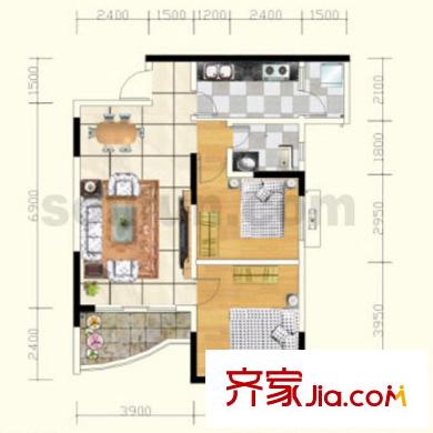 青河世家戶型圖9號(hào)樓4號(hào)房 2室2廳1衛(wèi)1廚