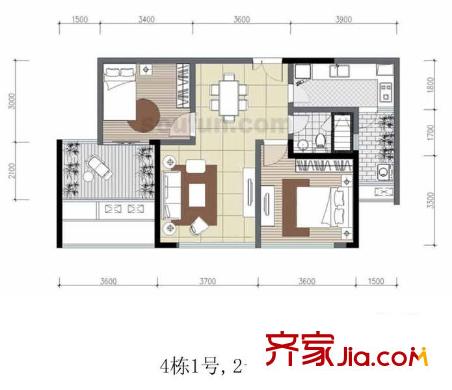 中渝山頂?shù)酪继枒粜蛨D4棟1號，2號房 2室2廳1衛(wèi)1廚