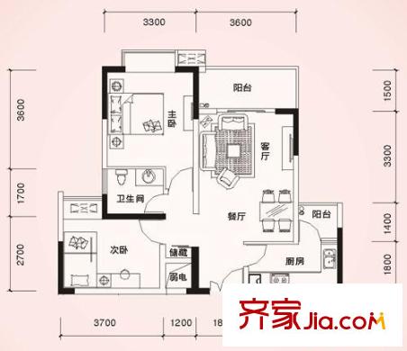 東方港灣戶型圖B3棟花庭戶型D 2室2廳1衛(wèi)1廚