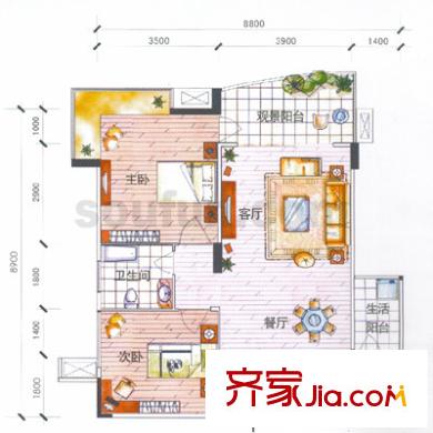 東方港灣戶型圖B11-6號(hào) 2室2廳1衛(wèi)1廚