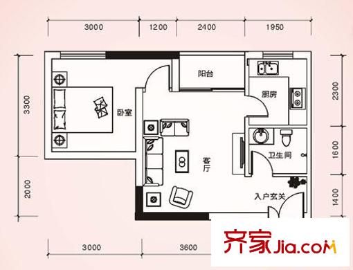 東方港灣戶型圖B3棟花庭戶型E 1室1廳1衛(wèi)1廚
