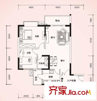 東方港灣戶型圖B3棟花庭戶型C 2室2廳1衛(wèi)1廚