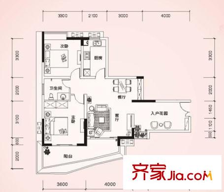 東方港灣戶型圖B3棟花庭戶型A 2室2廳1衛(wèi)1廚