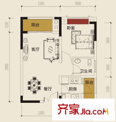 大川壹江城戶型圖一期D4號(hào)樓標(biāo)準(zhǔn)層3、4號(hào)房戶型 1室2廳1衛(wèi)1廚