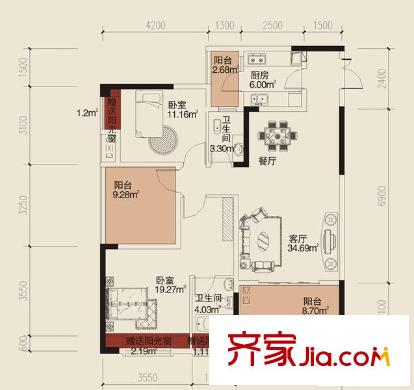 大川壹江城戶型圖E4E5戶型2號(hào)房 5號(hào)房 2室2廳2衛(wèi)1廚