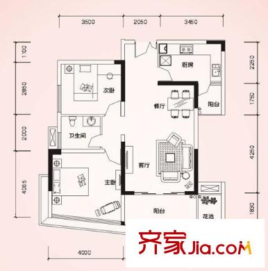 東方港灣戶型圖B3棟花庭戶型B 2室2廳1衛(wèi)1廚