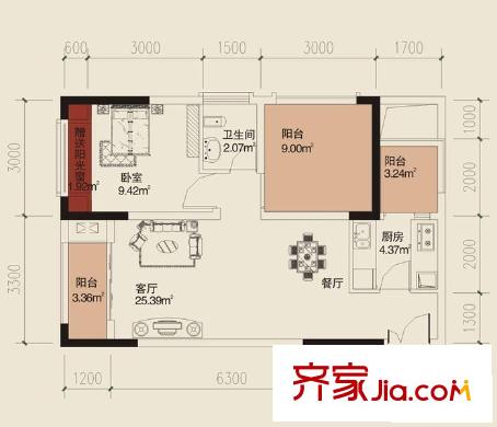 大川壹江城戶型圖E4E5戶型3號(hào)房 4號(hào)房 1室2廳1衛(wèi)1廚