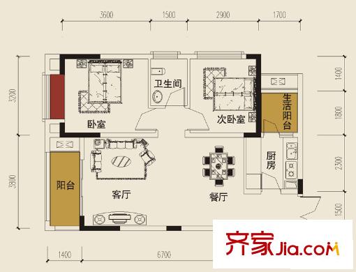 大川壹江城戶型圖一期D4號(hào)樓標(biāo)準(zhǔn)層2、5號(hào)房戶型 2室2廳1衛(wèi)1廚