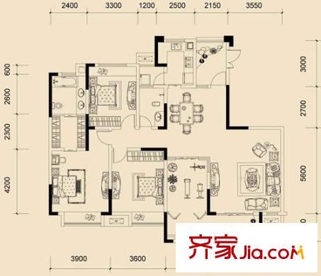 保利高爾夫豪園戶型圖C戶型（已售完） 3室2廳2衛(wèi)1廚