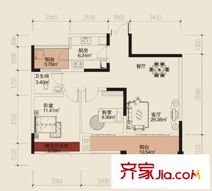 大川壹江城戶型圖一期E4/E5棟標(biāo)準(zhǔn)層1號(hào)/6號(hào)房 2室2廳1衛(wèi)1廚