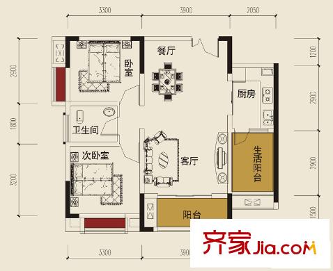 大川壹江城戶型圖一期D4號(hào)樓標(biāo)準(zhǔn)層1號(hào)房戶型 2室2廳1衛(wèi)1廚
