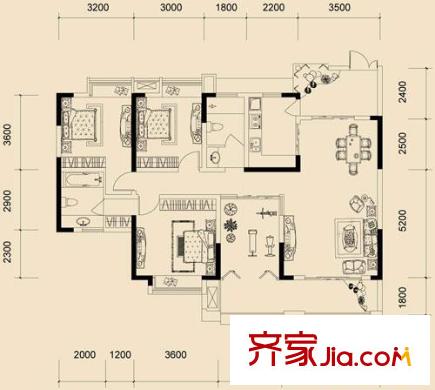 保利高爾夫豪園戶型圖D戶型（已售完） 3室2廳2衛(wèi)1廚