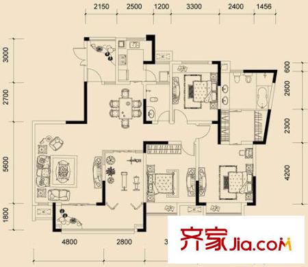 保利高爾夫豪園戶型圖B戶型（已售完） 3室2廳2衛(wèi)1廚