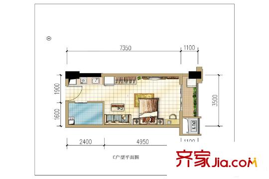 中航翡翠城一期高層27號(hào)樓標(biāo)準(zhǔn)層C戶型 1室1廳1衛(wèi)1廚