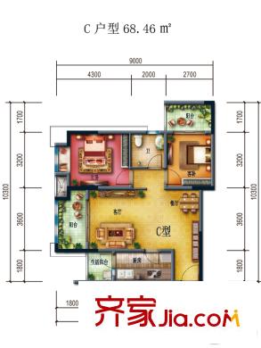 國興北岸江山二期5/6/7號樓標(biāo)準(zhǔn)層C戶型 2室2廳1衛(wèi)1廚