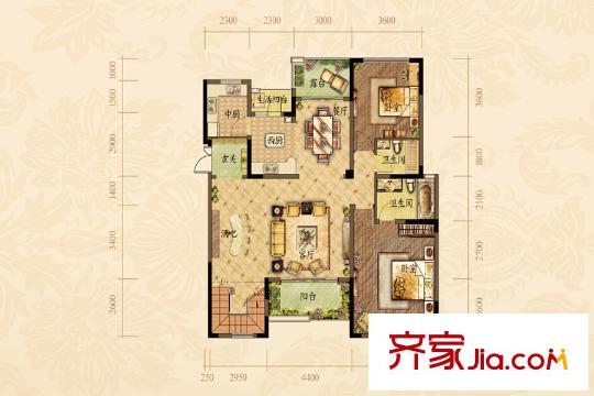 華宇天宮花城漫香郡4幢1單元7層1、2號房戶型 2室3廳2衛(wèi)1廚