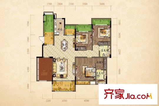 華宇天宮花城漫香郡組團(tuán)平層洋樓戶型圖 3室2廳2衛(wèi)1廚