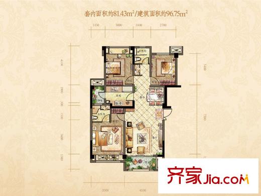 華宇天宮花城彌香郡組團(tuán)標(biāo)準(zhǔn)層81平方米戶型 3室2廳2衛(wèi)1廚