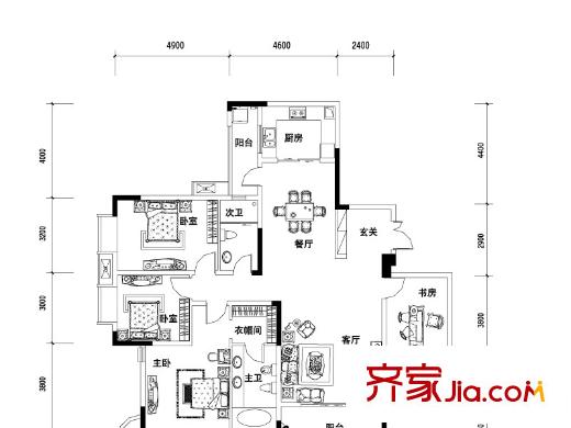 保利高爾夫華庭戶型圖果嶺洋房B-2戶型標準層 4室2廳2衛(wèi)1廚