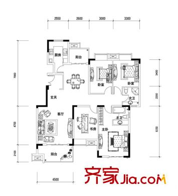 保利高爾夫華庭戶型圖果嶺洋房A戶型標準層 4室2廳2衛(wèi)1廚