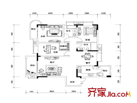 保利高爾夫華庭戶型圖果嶺洋房B-1戶型標準層 3室2廳2衛(wèi)1廚
