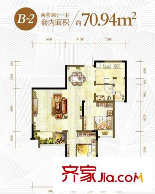 隆鑫天雨方戶型圖一期9、10棟標(biāo)準(zhǔn)層B-2戶型 2室2廳1衛(wèi)1廚