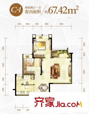 隆鑫天雨方戶型圖一期9、10棟標(biāo)準(zhǔn)層C-1戶型 2室2廳1衛(wèi)1廚