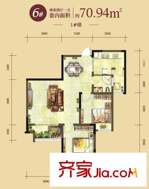隆鑫天雨方戶型圖一期1號樓標(biāo)準(zhǔn)層6號房戶型 2室2廳1衛(wèi)1廚