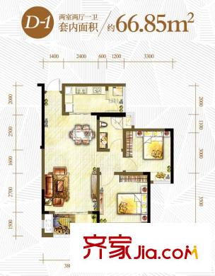 隆鑫天雨方戶型圖一期9、10棟標(biāo)準(zhǔn)層D-1戶型 2室2廳1衛(wèi)1廚